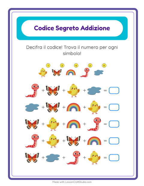 Anteprima della scheda di Addizione Codificata con Primavera per Scuola dell'infanzia (5-7 anni)