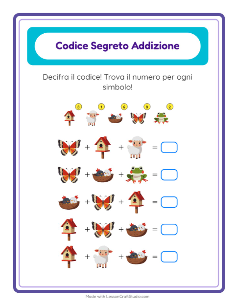 Anteprima della scheda di Addizione Codificata con Primavera per Scuola dell'infanzia (5-7 anni)