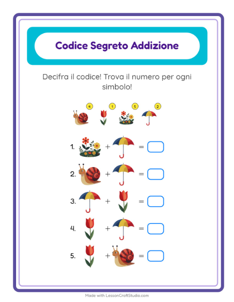 Anteprima della scheda di Addizione Codificata con Primavera per Scuola dell'infanzia (5-7 anni)