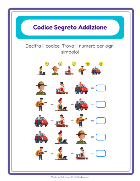 Anteprima della scheda di Addizione Codificata con Professioni per Scuola dell'infanzia (5-7 anni)
