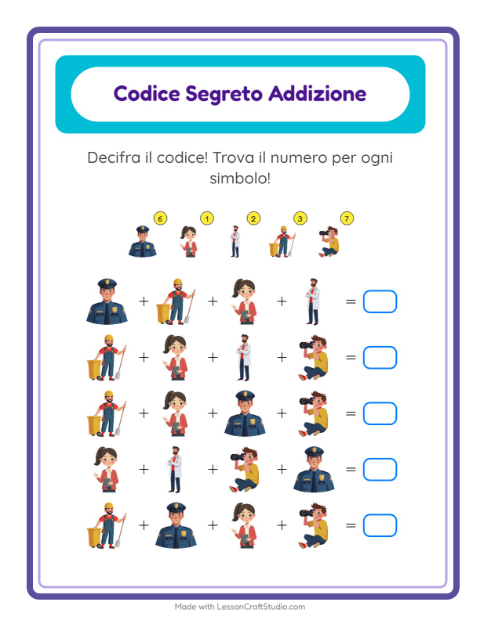 Anteprima della scheda di Addizione Codificata con Professioni per Scuola dell'infanzia (5-7 anni)