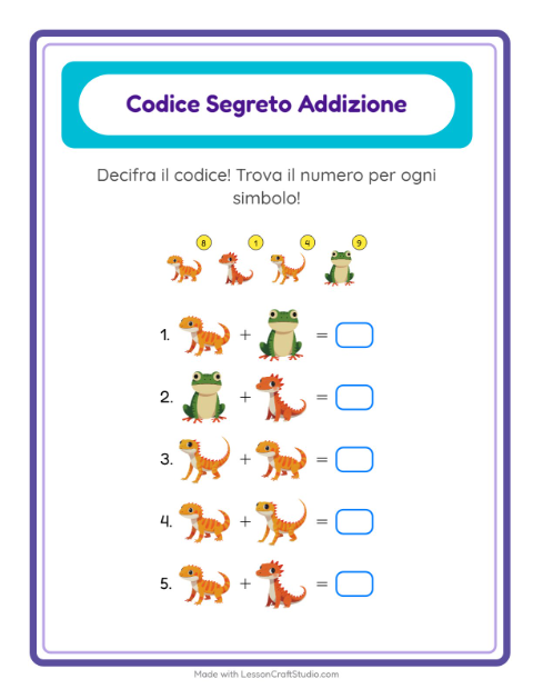 Anteprima della scheda di Addizione Codificata con Rettili e anfibi per Scuola dell'infanzia (5-7 anni)