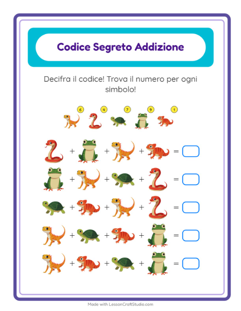 Anteprima della scheda di Addizione Codificata con Rettili e anfibi per Scuola dell'infanzia (5-7 anni)