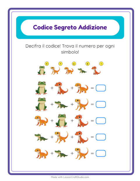 Anteprima della scheda di Addizione Codificata con Rettili e anfibi per Scuola dell'infanzia (5-7 anni)