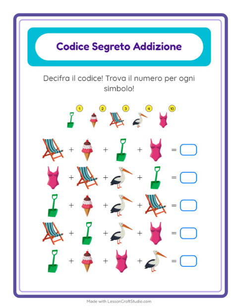 Anteprima della scheda di Addizione Codificata con Spiaggia per Scuola dell'infanzia (5-7 anni)