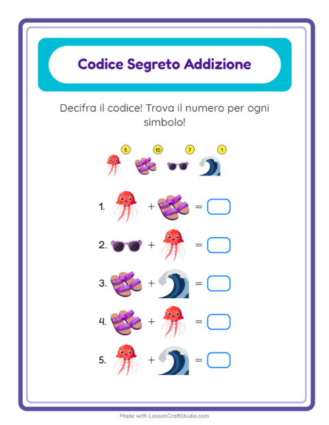 Anteprima della scheda di Addizione Codificata con Spiaggia per Scuola dell'infanzia (5-7 anni)