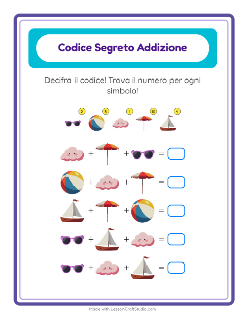 Anteprima della scheda di Addizione Codificata con Spiaggia per Scuola dell'infanzia (5-7 anni)