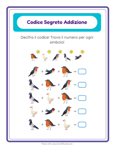 Anteprima della scheda di Addizione Codificata con Uccelli 2 per Scuola dell'infanzia (5-7 anni)