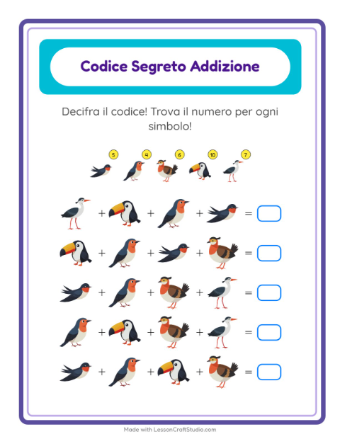 Anteprima della scheda di Addizione Codificata con Uccelli 2 per Scuola dell'infanzia (5-7 anni)