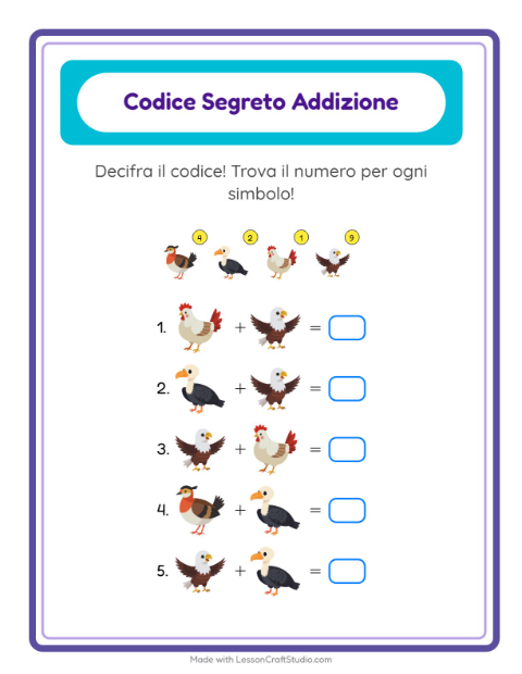 Anteprima della scheda di Addizione Codificata con Uccelli 2 per Scuola dell'infanzia (5-7 anni)