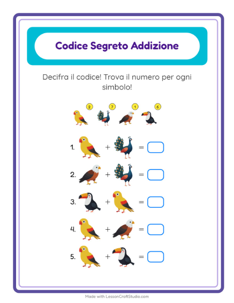 Anteprima della scheda di Addizione Codificata con Uccelli per Scuola dell'infanzia (5-7 anni)