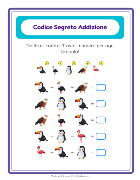 Anteprima della scheda di Addizione Codificata con Uccelli per Scuola dell'infanzia (5-7 anni)