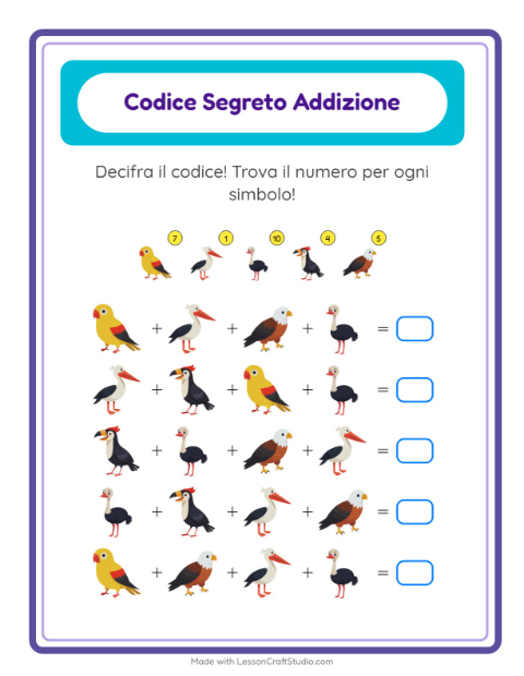 Anteprima della scheda di Addizione Codificata con Uccelli per Scuola dell'infanzia (5-7 anni)