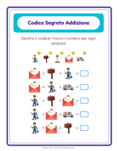 Anteprima della scheda di Addizione Codificata con Ufficio postale per Scuola dell'infanzia (5-7 anni)