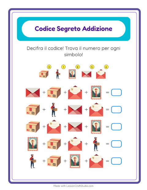 Anteprima della scheda di Addizione Codificata con Ufficio postale per Scuola dell'infanzia (5-7 anni)
