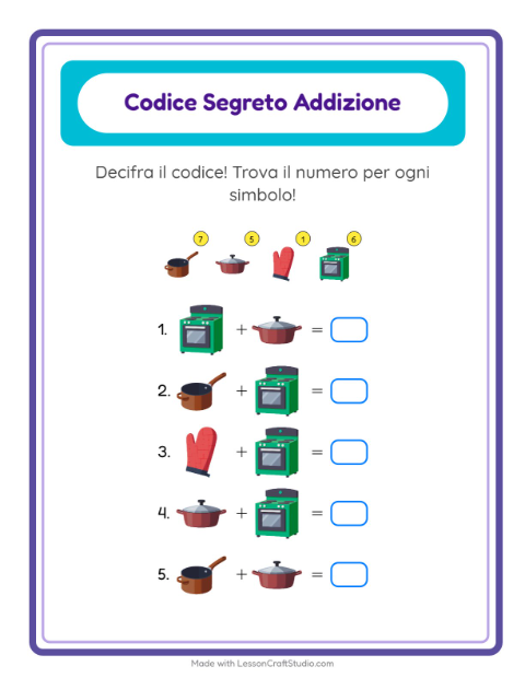 Anteprima della scheda di Addizione Codificata con Utensili da cucina per Scuola dell'infanzia (5-7 anni)