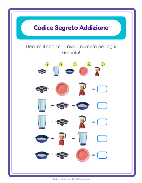 Anteprima della scheda di Addizione Codificata con Utensili da cucina per Scuola dell'infanzia (5-7 anni)