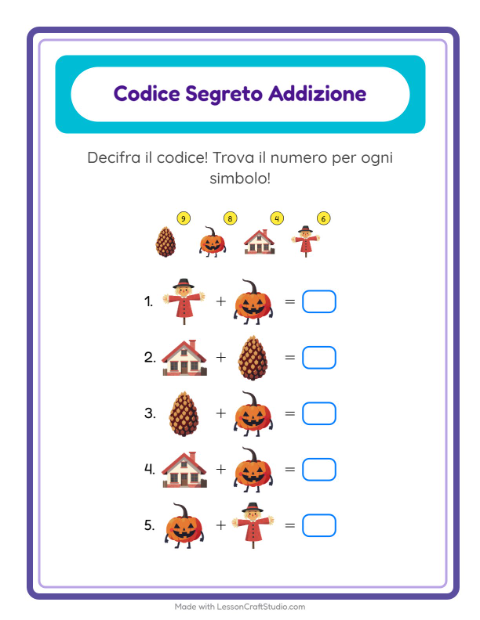 Anteprima della scheda di Addizione Codificata con Varie per Scuola dell'infanzia (5-7 anni)