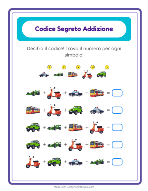 Anteprima della scheda di Addizione Codificata con Veicoli per Scuola dell'infanzia (5-7 anni)