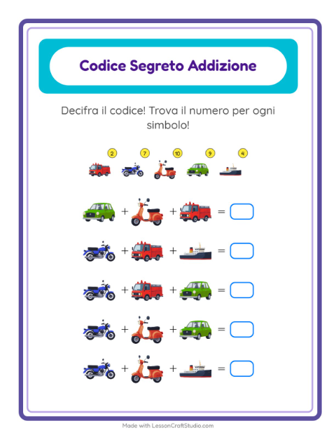 Anteprima della scheda di Addizione Codificata con Veicoli per Scuola dell'infanzia (5-7 anni)