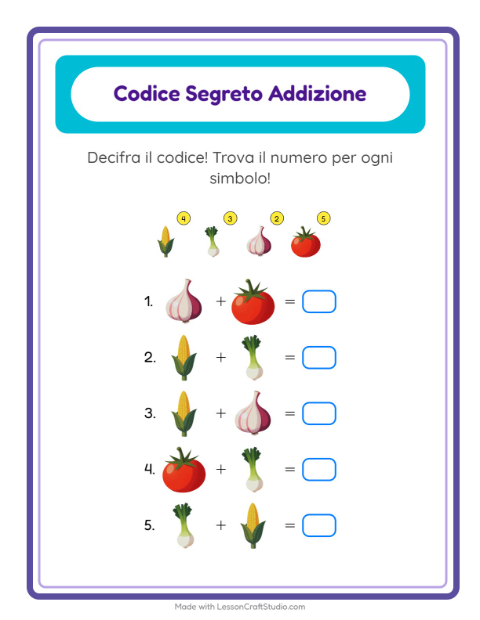 Anteprima della scheda di Addizione Codificata con Verdure per Scuola dell'infanzia (5-7 anni)