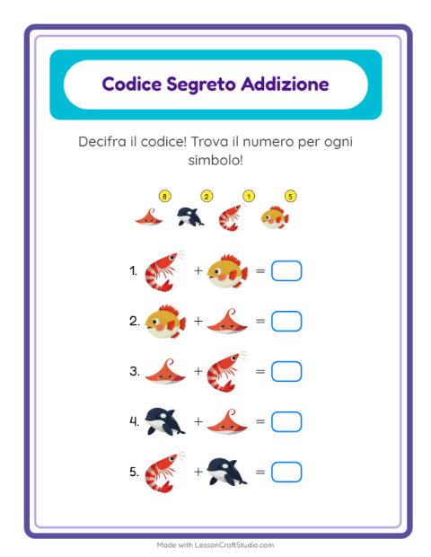 Anteprima della scheda di Addizione Codificata con Vita oceanica per Scuola dell'infanzia (5-7 anni)