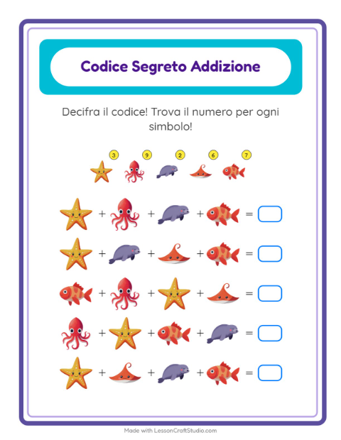 Anteprima della scheda di Addizione Codificata con Vita oceanica per Scuola dell'infanzia (5-7 anni)
