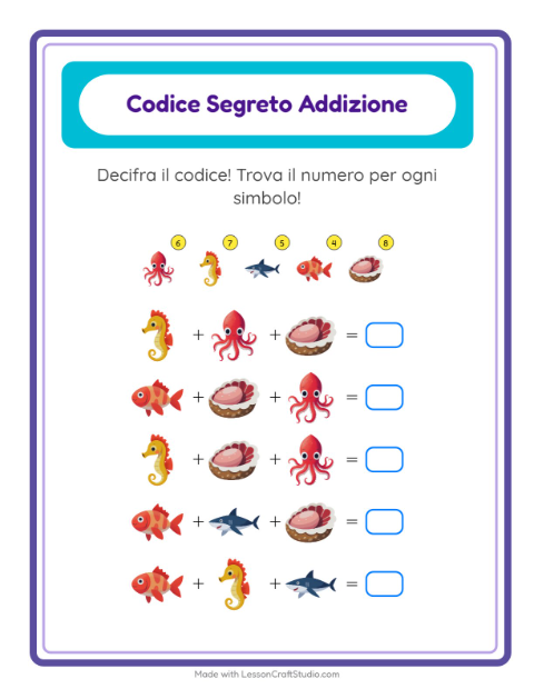 Anteprima della scheda di Addizione Codificata con Vita oceanica per Scuola dell'infanzia (5-7 anni)