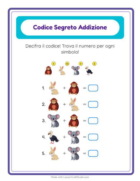 Anteprima della scheda di Addizione Codificata per Scuola dell'infanzia (5-7 anni)