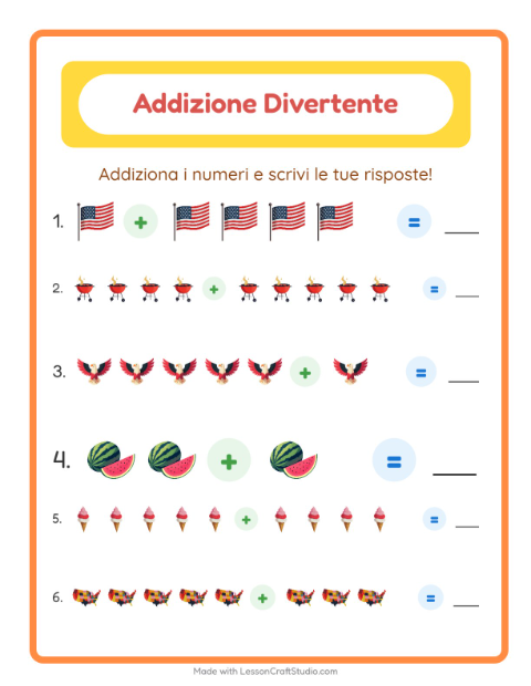 Anteprima della scheda di Addizione con 4 luglio per Scuola dell'infanzia (5-7 anni)