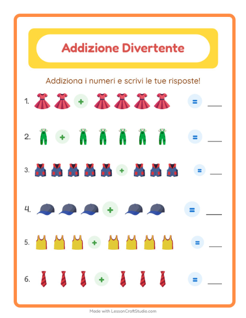 Anteprima della scheda di Addizione con Abbigliamento per Scuola dell'infanzia (5-7 anni)