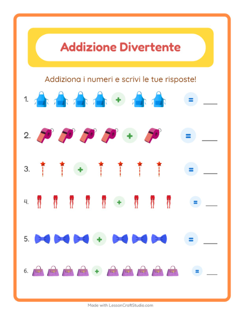 Anteprima della scheda di Addizione con Accessori per Scuola dell'infanzia (5-7 anni)
