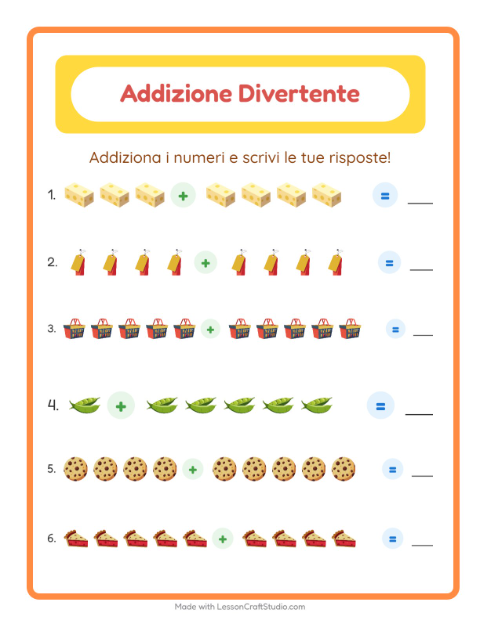 Anteprima della scheda di Addizione con Al supermercato per Scuola dell'infanzia (5-7 anni)