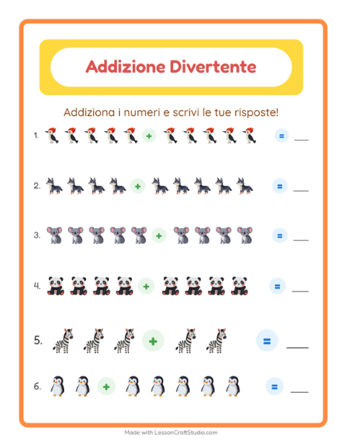 Anteprima della scheda di Addizione con Animali per Scuola dell'infanzia (5-7 anni)