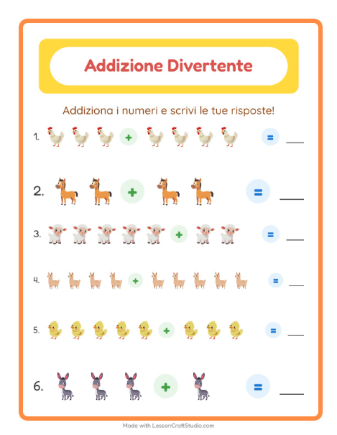 Anteprima della scheda di Addizione con Animali della fattoria per Scuola dell'infanzia (5-7 anni)