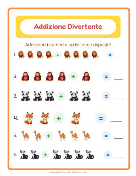 Anteprima della scheda di Addizione con Animali dello zoo per Scuola dell'infanzia (5-7 anni)