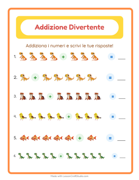 Anteprima di Addizioni entro il 20 con Animali domestici – scheda per la classe prima