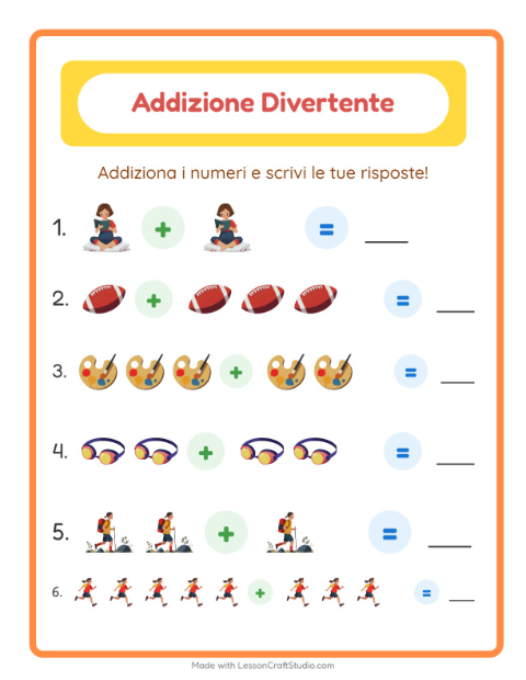 Anteprima della scheda di Addizione con Attività per Scuola dell'infanzia (5-7 anni)