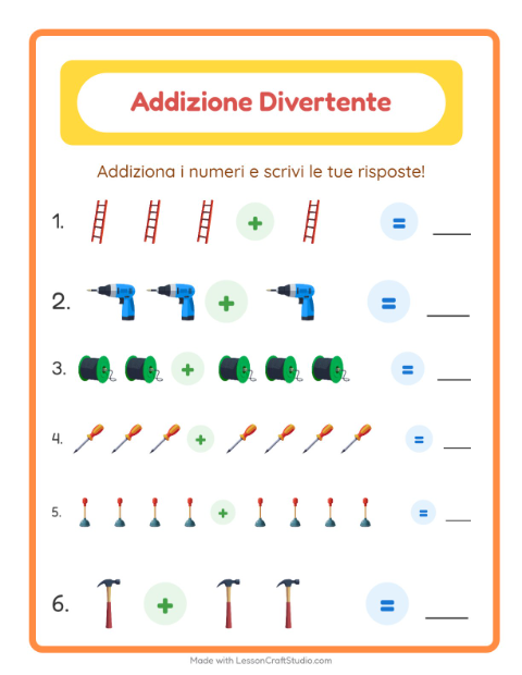Anteprima della scheda di Addizione con Attrezzi per Scuola dell'infanzia (5-7 anni)