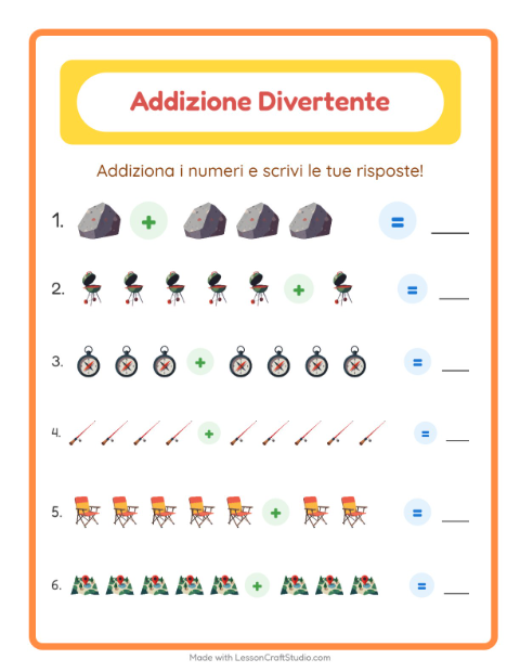 Anteprima della scheda di Addizione con Campeggio per Scuola dell'infanzia (5-7 anni)