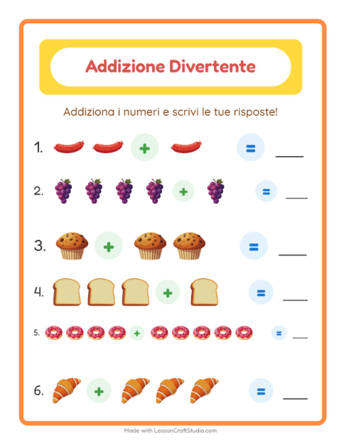 Anteprima della scheda di Addizione con Colazione per Scuola dell'infanzia (5-7 anni)