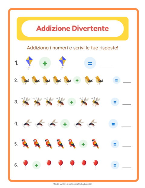 Anteprima della scheda di Addizione con Cose che volano per Scuola dell'infanzia (5-7 anni)