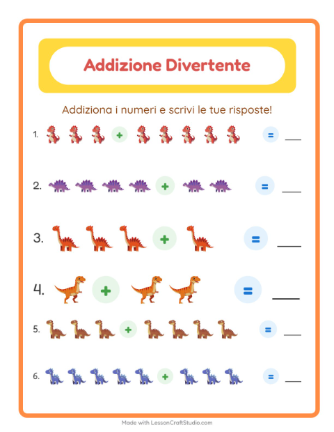 Anteprima della scheda di Addizione con Dinosauri per Scuola dell'infanzia (5-7 anni)