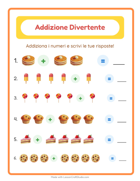 Anteprima della scheda di Addizione con Dolci e dolciumi per Scuola dell'infanzia (5-7 anni)