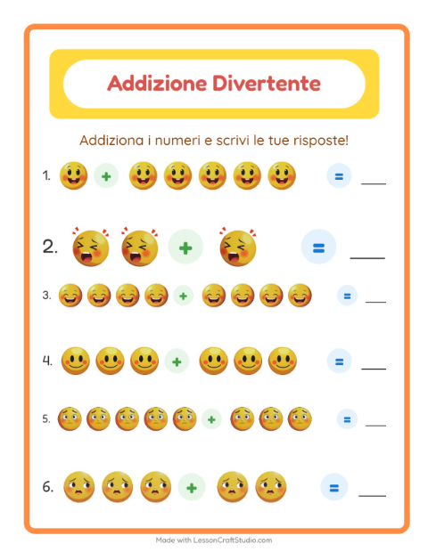 Anteprima della scheda di Addizione con Emozioni per Scuola dell'infanzia (5-7 anni)