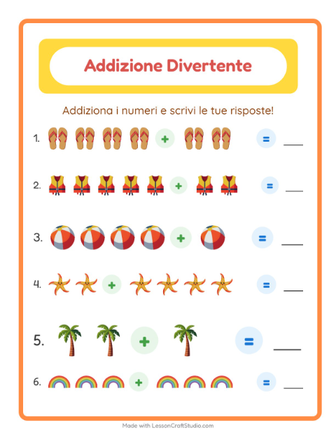 Anteprima della scheda di Addizione con Estate per Scuola dell'infanzia (5-7 anni)