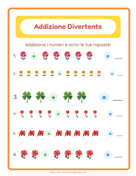 Anteprima della scheda di Addizione con Fiori per Scuola dell'infanzia (5-7 anni)