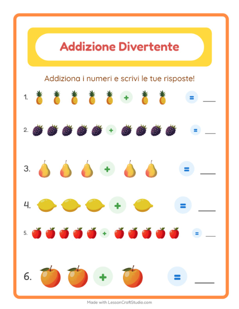Anteprima della scheda di Addizione con Frutta per Scuola dell'infanzia (5-7 anni)