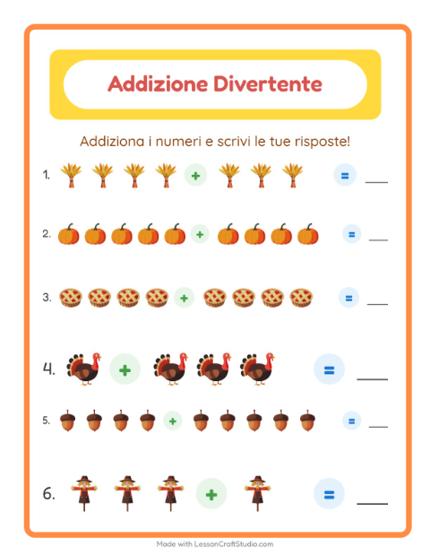 Anteprima della scheda di Addizione con Giorno del Ringraziamento per Scuola dell'infanzia (5-7 anni)