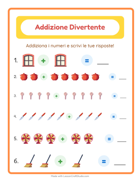 Anteprima della scheda di Addizione con In giro per casa per Scuola dell'infanzia (5-7 anni)